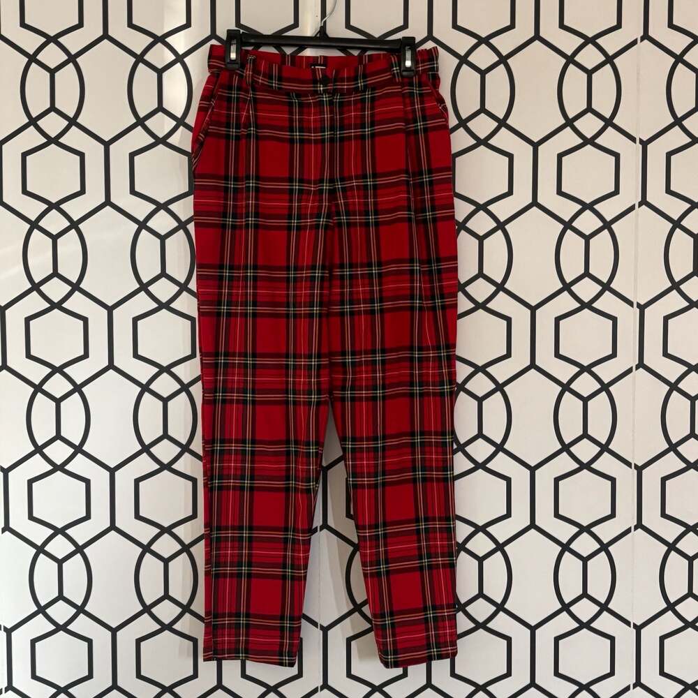 LTT Red Royal Stewart Tartan Plaid High Waisted Tapered Trousers Made in UK Sz 1